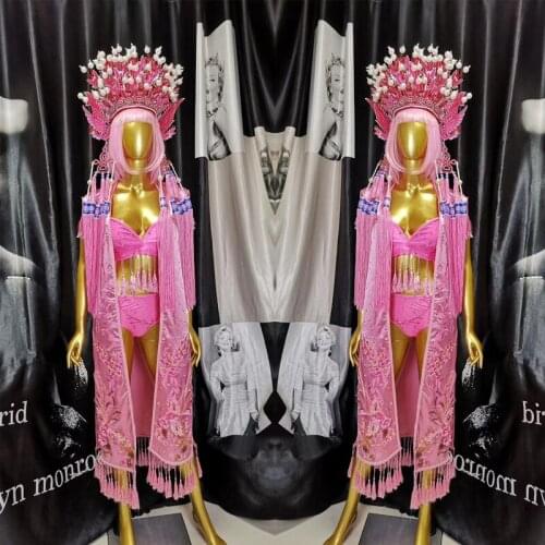 Chinese Style Opera Pink Split Bikini Women Bodysuit Fringed Headwear Stage Costume Gogo DJ Jazz Dance Pole Costumes XS2089