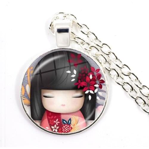 Cute Japanese Girl Face Pendant Necklaces Cute Anime Girl 25mm Glass Dome Cabochon Necklace for Women Jewelry Gift 2021