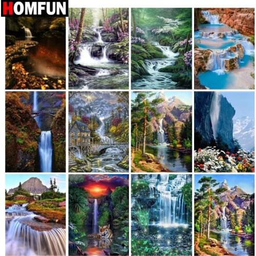 HOMFUN DIY Diamond Painting "Waterfall tree scenery" Full Drill Square Round Diamond Embroidery 5D Cross Stitch Decoration Home