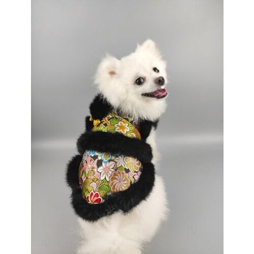 Free Shipping Handmade Dog Clothes Coat Black Fur Collar Warm Domineering Flowers Bloom Winter Cat Pet Outfit Yorkie