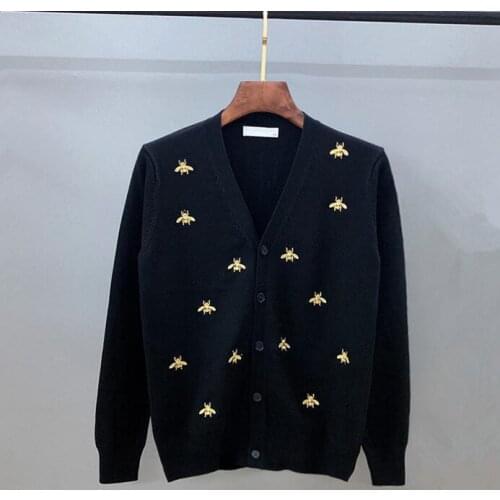 European and American designer jacquard knit cardigan jacket small bee gold thread embroidery sweater V-neck slim sweater