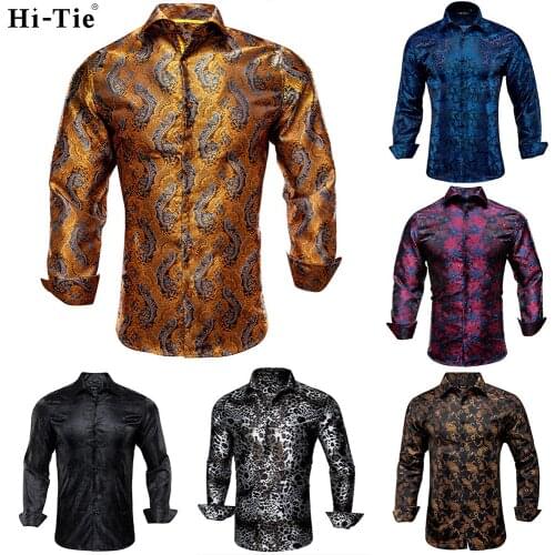 Hi-Tie Black Gold Mens Silk Shirt Paisley Floral Long Sleeve Casual Shirts For Men Jacquard Male Business Party Wedding Dress