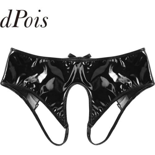 Male Panties Mens Wetlook Patent Leather Open Butt Open Crotch with Sheer Organza Trim Briefs Underwear