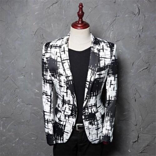 New mens casual suit jacket print splash ink style photo studio host hair stylist flower dress tide платье пиджак casaco