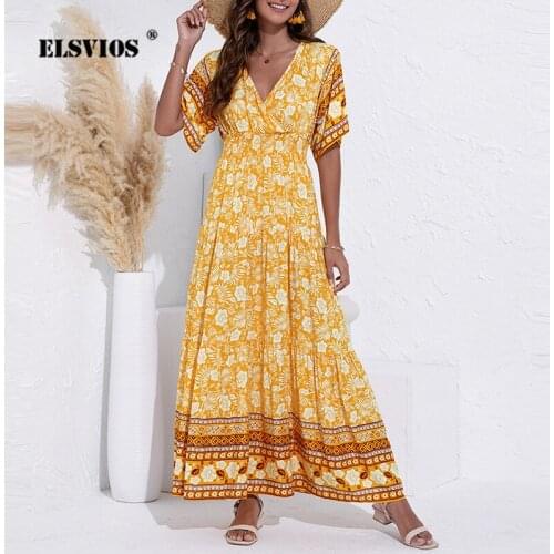 Fashion Print High Waist Big Swing Dress Summer Female Floral Party Beach Robe Women Casual Boho Flying Sleeve Clothing Vestidos