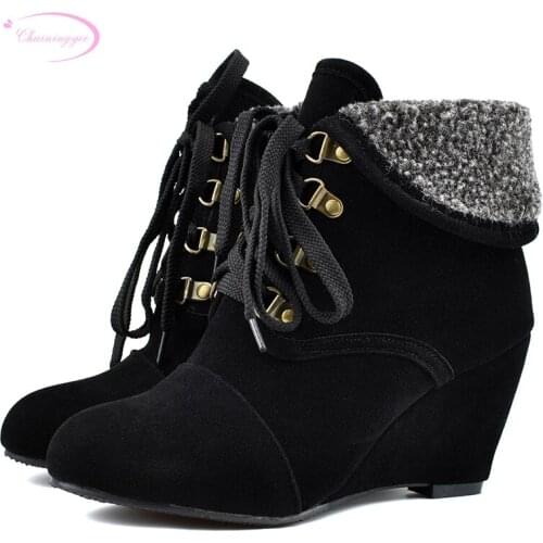 Casual motorcycle boots round toe winter warm nubuck ankle boots lace-up black yellow brown high-heeled wedges womens shoes