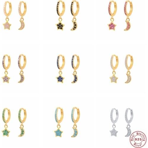 Huggie Earrings 925 Sterling Silver Colorful Zircon Moon And Star Hoop Earring for Women Purple/Green Crystal orecchini donna