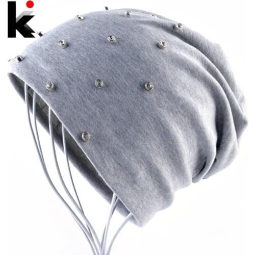 Autumn Womens Hat Solid Color Cotton Beanie Female Fashion Rhinestone Hip Hop Skullies Beanies Women Spring Casual Bonnet Caps