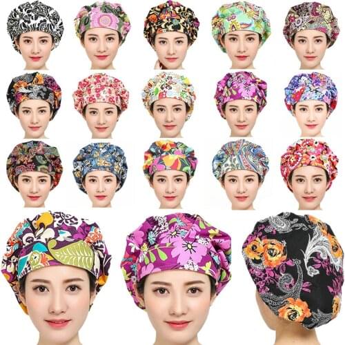 Scrub Caps for Women Hair Cover Flower Printed Adjustable Sweatband Bouffant Hats Cotton Hats Reuseable Work Wear Head Caps