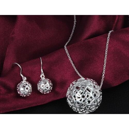 Hot selling charm 925 sterling Silver Hollow Ball Pendant necklace earrings Jewelry set for women Fashion Party Christmas Gifts