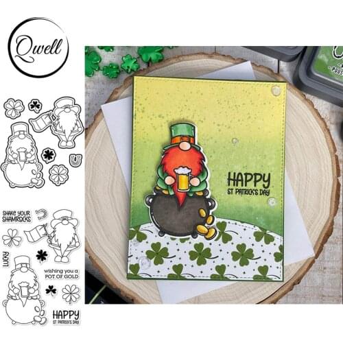 QWELL Cutting Dies match Clear Stamps Bear Flag Gnome Four Leaf Clover Lucky DIY Scrapbooking Craft Paper Cards Making Template