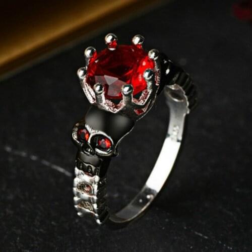 Vintage 925 Silver Skull Punk Red Steel Jade Ring Personality Non-mainstream Bone Jewelry