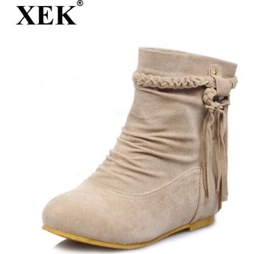 XEK New Women boots winter warm shoes 2017 new Tassel Ankle boot low heel sapato feminino height increasing footwear wyq01
