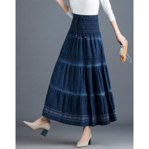 Elastic Waist Maxi Skirt Female Demin Blue Cotton Linen Skirt Spring Summer Beach Ethnic Style Skirt Casual Saia Midi Jupe f2659