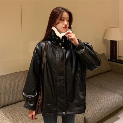 Women Faux Leather Jacket Autumn and Winter Loose Long Sleeve PU Leather Coat Womens Clothing Veste Femme