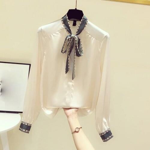 Bow Neck Chiffon White Women Shirts Summer New 2021 Lace Solid Long-Sleeved Elegant Office Lady Outwear Tops