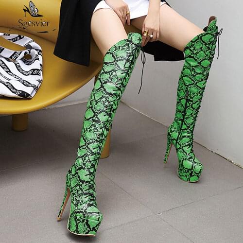 Sgesvier Snake Print Over Knee High Boots Women Shoes Fashion Platform Boots Women Sexy High Heel Comfortable Winter Boots Shoes