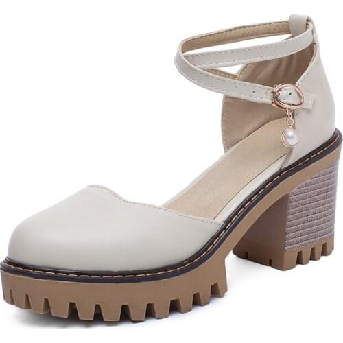 Large size womens high heels womens shoes womens high heels round head cross strap chunky single shoes