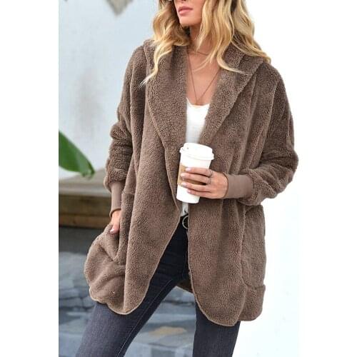 Womens Flurry Fleece Open Stitch Loose Jackets Autumn Winter Thick Long Sleeve Hooded Cardigan Coats WDC6183