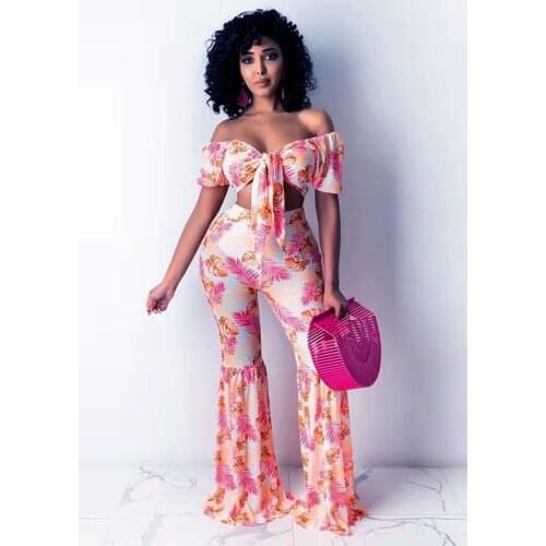 2021 High Quality New Design 2 pcs Women Set Print Ruffles Slash Neck Short Sleeve Short Tops Long Pants Summer Beach Outfits