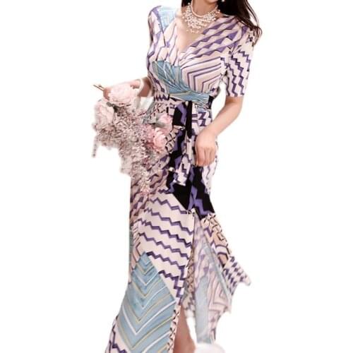 Maxi floral Dress for women Summer Stripe Short Sleeve V neck polyester ladies Sexy elegant print Long Dresses