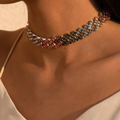 New Vintage Crystal Miami Cuban Chain Necklace for Women Kpop Aesthetic Multicolor Rhinestone Choker Wedding Jewelry Gift 2021