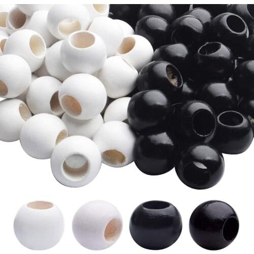 100pcs 20mm Natural Round Wooden Beads Large Hole Wood Loose Beads Smooth Painted Spacer Loose Beading Supplies, White and Black