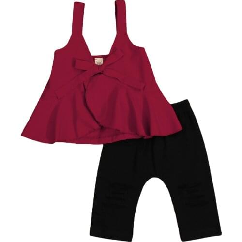 2Pcs Kids Summer Tracksuit Solid Color Sleeveless Flounce Tank Tops Ripped Skinny Pants for Baby Girls 1-6 Years