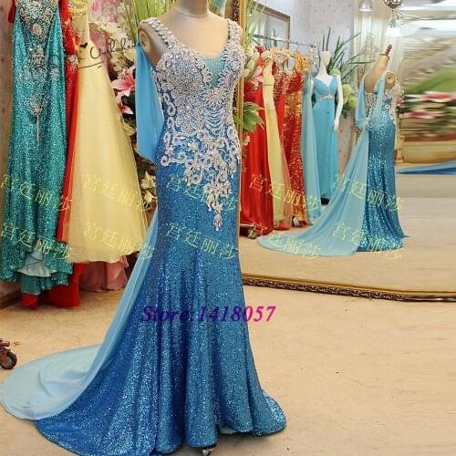 Turquoise Luxury Pageant Evening Dress Long Mermaid Sparky Sequined Crystals Prom Dresses 2020 Abendkleider Custom Made