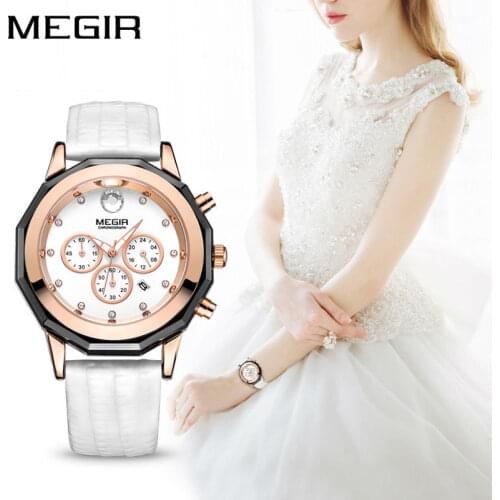 MEGIR Luxury Brand Ladies Watch Chronograph Fashion Leather Wrist Quartz Girl Watch for Women Lovers Dress Watches Clock 2042