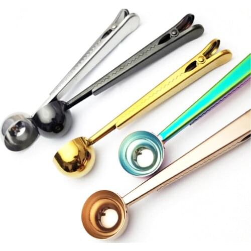 Two-in-one Stainless Steel Coffee Spoon Sealing Clip 5 Colors Kitchen Gold Accessories Recipient Cafe Decoration