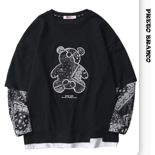 PRETO BRANCO Street Cashew Flower Bear Japanese BF Fake Two-piece T-shirt Oversize Long Sleeve T-shirt Couple Dress Sh