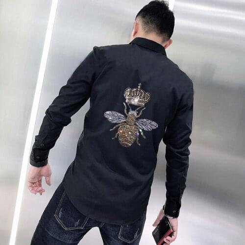 Fitness Slim Plus Size Asian M-5XL Mens Shirt Fashion Bee Hot Rhinestone Casual Classic Trend Youth Long Sleeve