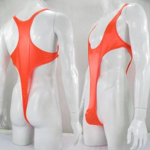 G427Y Mens T bodysuit Thong Leotard Racer Back Nylon spandex shiny Satin Thin Stretchy