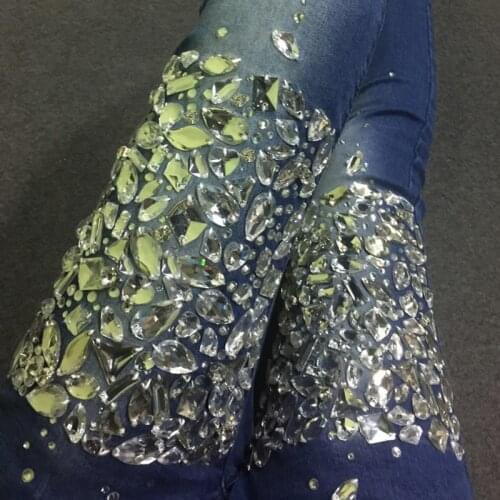 New Arrival Fashion High Quality Womens Diamond Crystal Beading Pants Female Trousers Vintage Mid Waist Sweet Jeans Plus Size