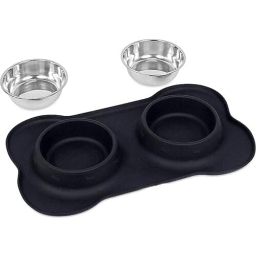 Practical Silicone Bone Double Dog Bowl Pet Pad Pet Feeding Bowl Non-Slip Leakproof Dual-Use Pet bowl