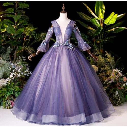100% real purple long sleeve beading luxury ball gown medieval dress Renaissance gown queen Victorian Belle Ball gown