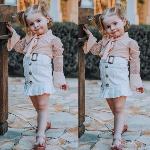 Toddler Kids Baby Girl Pink Lace Shirt Ruffle Chiffon BlouseLeather Skirts Outfits Clothes Summer Girls Clothing