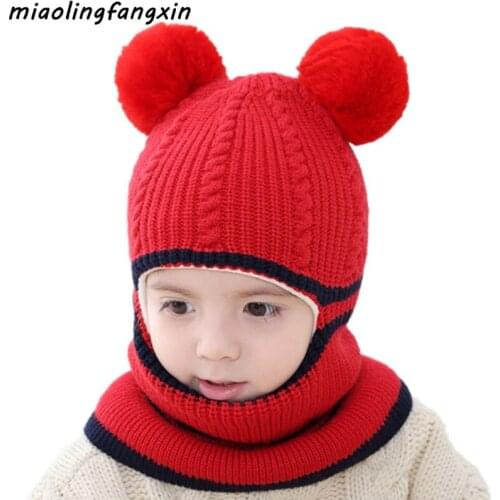 Bib scarf one piece baby hat winter plush velvet thick windproof knitted wool beanies kids cap girl boy children hooded hats
