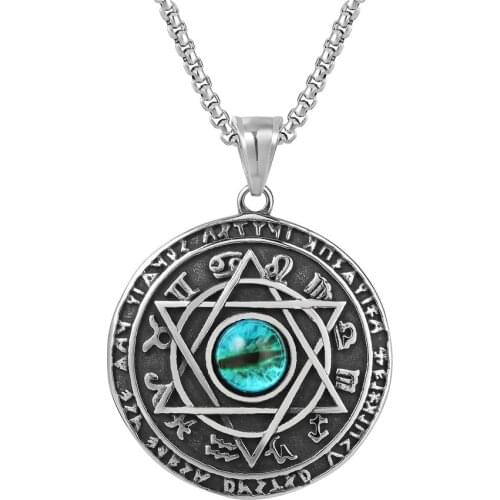 Six Pointed Viking Rune Cats Eye Stone Inlaid Round Pendant Necklace Mens Womens Necklace New Metal Accessories Party Jewelry