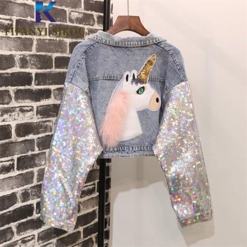 Sequins Denim Jacket Women Fashion Short Coat Pocket Lapel Spliced Jeans Jacket Female Loose Streetwear Jeans Coat 2020 New