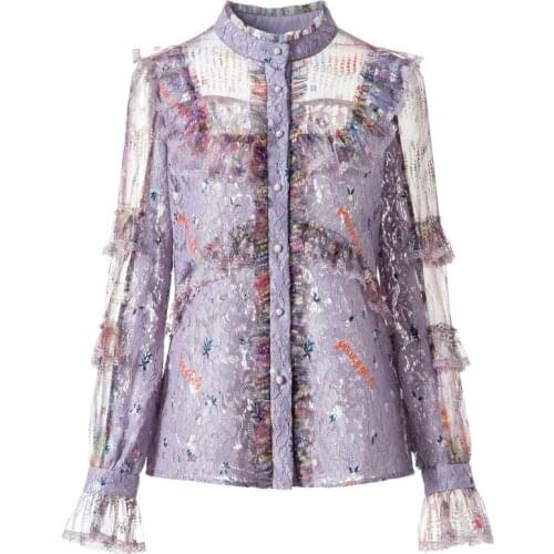 Top Quality Lace Blouse 2021 Autumn Fashion Style Shirt Womne Embroidery Ruffle Mesh Patchwork Long Sleeve Pink Purple Blouses