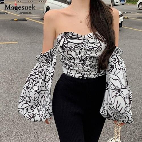 Korean Style Summer 2021 New Shirt for Women Slash Neck Off Shoulder Lantern Sleeve Shirt Sexy Spicy Girl Loose Tops Blusa 16093