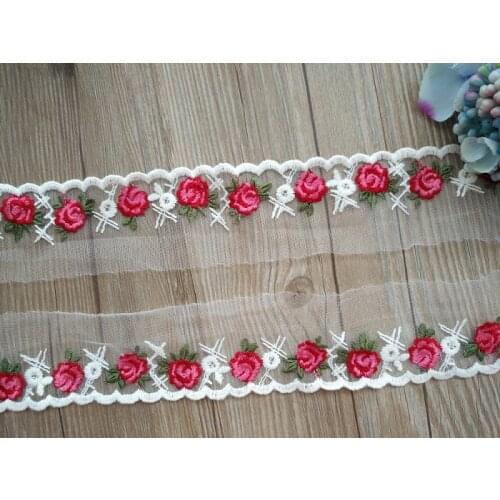 10Yds Beautiful Lace Ribbon Tape Rose Flowers Laces Trim DIY Embroidered Net Mesh 5cm For Sewing Decoration Dolls Dress Fabric