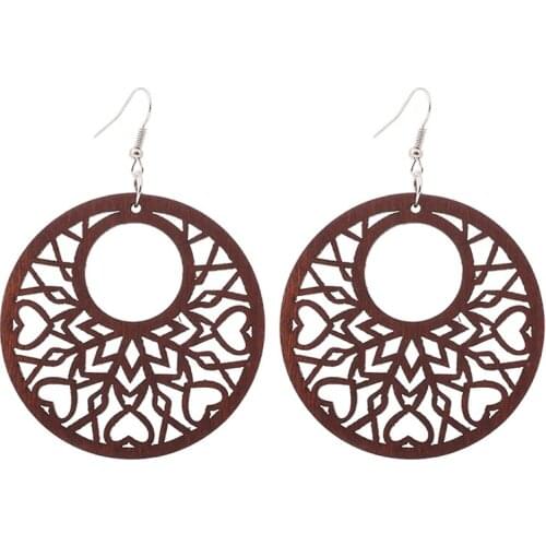 12 Pairs Good Quality Wood Earrings Organic brown Hollow African Woman Wooden Brincos Pendant 5.5cm/2.2'' E312