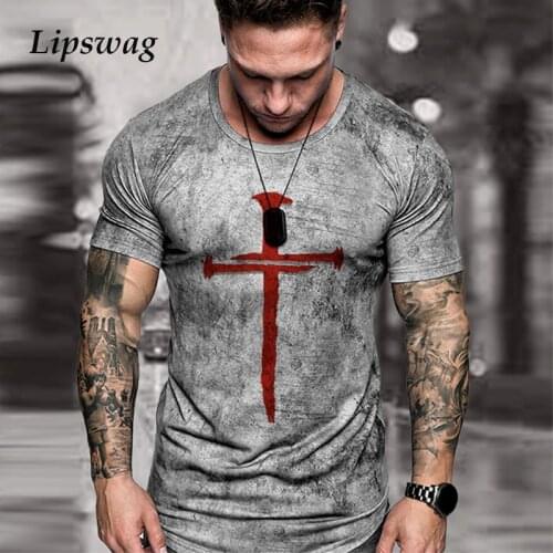 2021 Summer Men Casual Short Sleeve T Shirts Fashion O Neck Pullover Tops Vintage Cross Printing Slim Tees Shirt Mens Streetwear