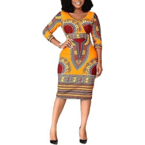 African dresses for women,nigerian 3/4 sleeve v neck printed bodycon midi drsss,robe africaine femme,Purple gold red blue 2021