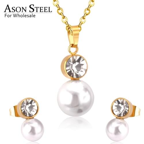 ASONSTEEL Classic Jewelry Dubai Jewelry Sets Round Imitation Pearl Pendant Necklace Earring Sets With Round Zirconia Pendants