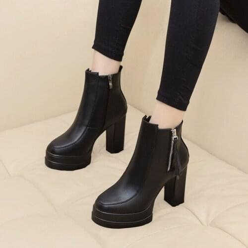 Platform High Heels Boots Waterproof Leather Shoes Women Black Heels New Autumn Woman Ankle Boots Fashion High Heels Sexy