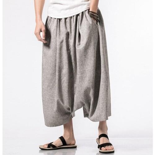 5XL Summer Men Yoga Pants Linen Indian Wide Leg Loose Harem Crotch Pant Bloomers Leisure Jogger Running Workout Athletic Pant